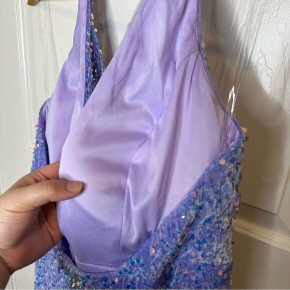 NWT Stacees Lilac Purple Rhinestone Velvet Halter Neck Maxi Dress Sz 16 Wedding - Picture 7 of 10